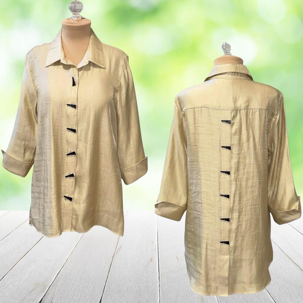 MULTIPLES Tunic Top Art Silk Button Front Faux Button Back Gold Artsy Chic Sz M